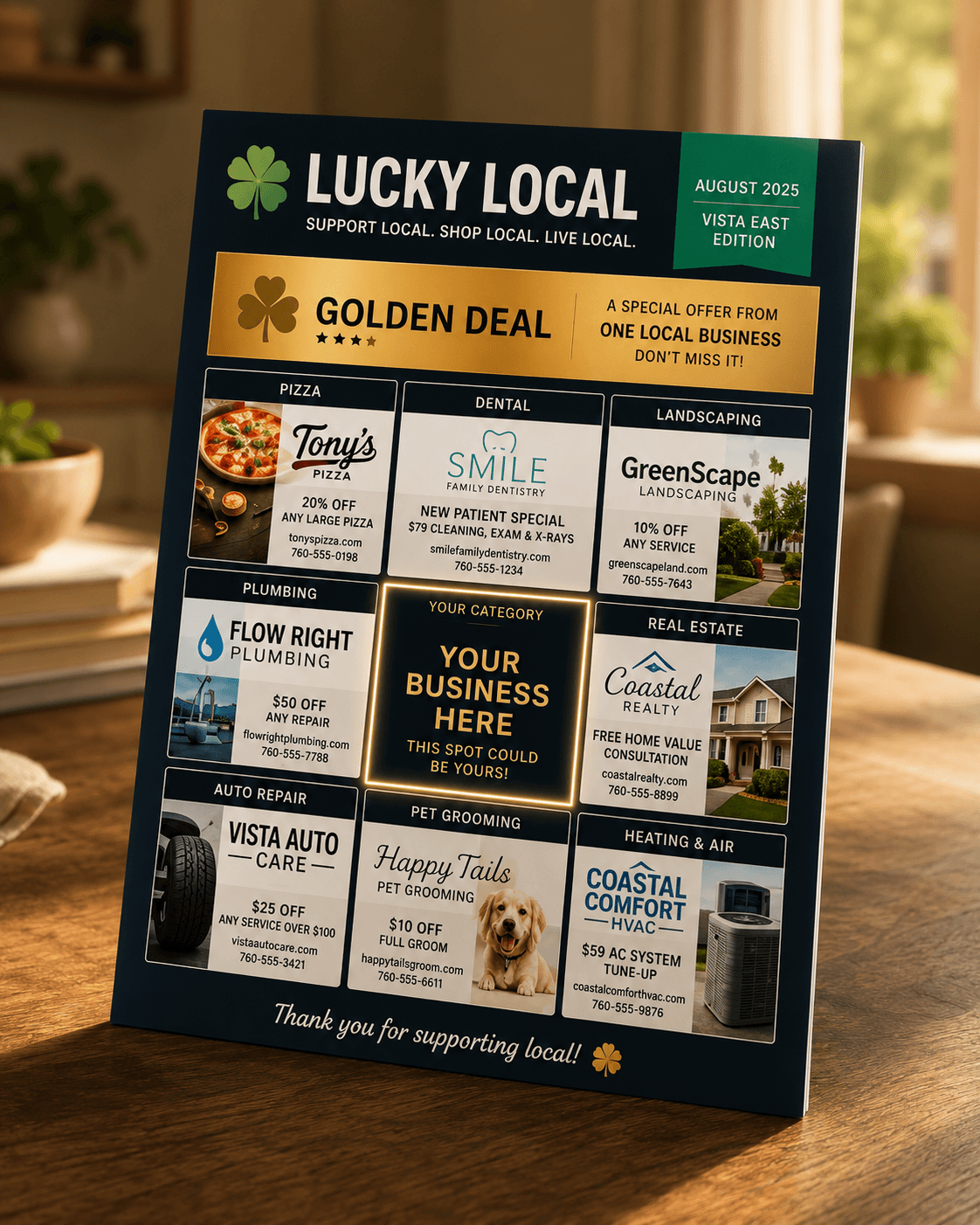 A premium Lucky Local neighborhood mailer featuring one local business per category.